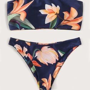 Floral Print Bandeau Cheeky Bikini Swimsuit